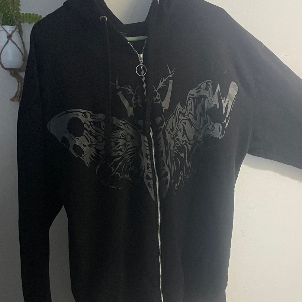 Black Death Moth Hoodie with Zipper on sleeve